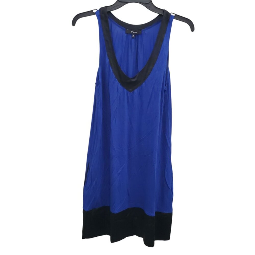 Express Women's Y2K Blue‎ Black V-Neck Slinky Knit Mini Sleeveless Shift Dress M